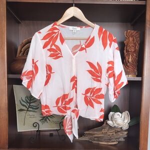 C By One White Blouse with Orange Leaf Print Tie-Front